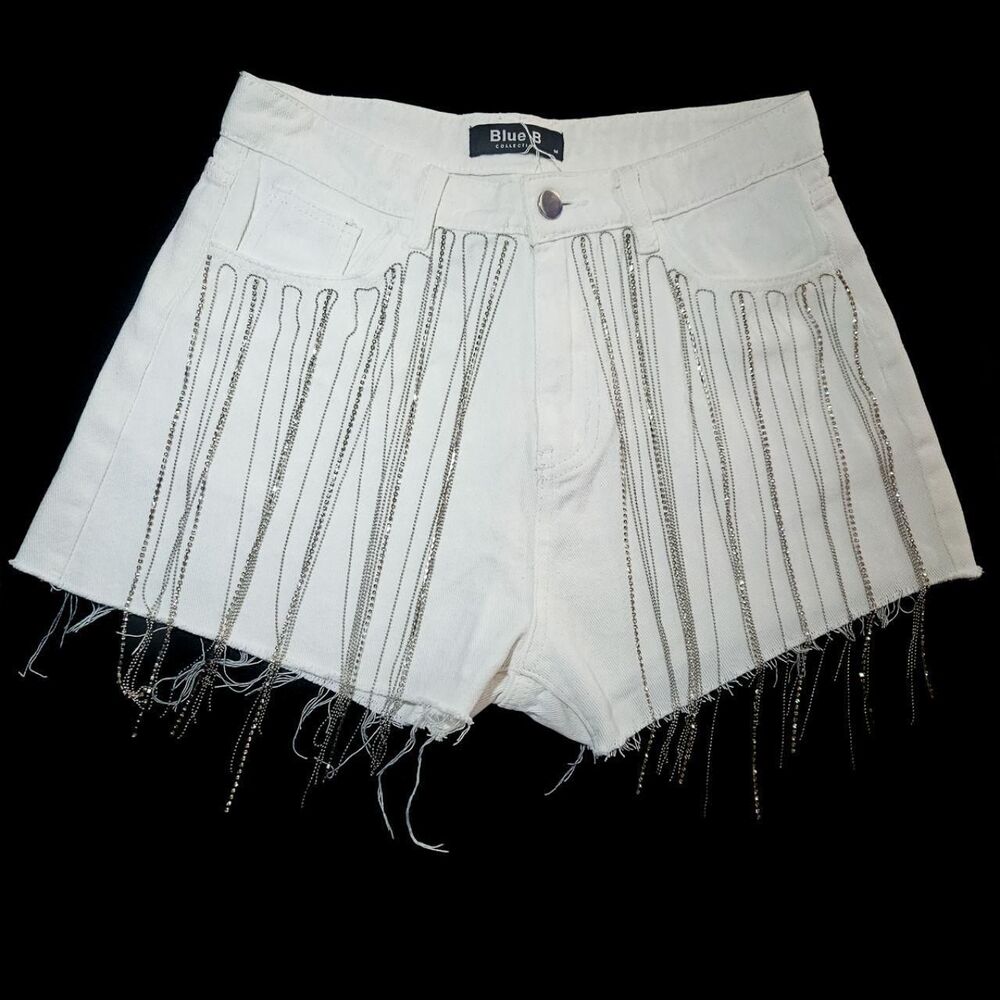 Blue B Collection White Rhinestone Chain Fringe Denim Shorts - Size M